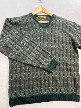 Vintage Portocruz Mens L Wool Blend Sweater Made Canada Green V Neck 90s